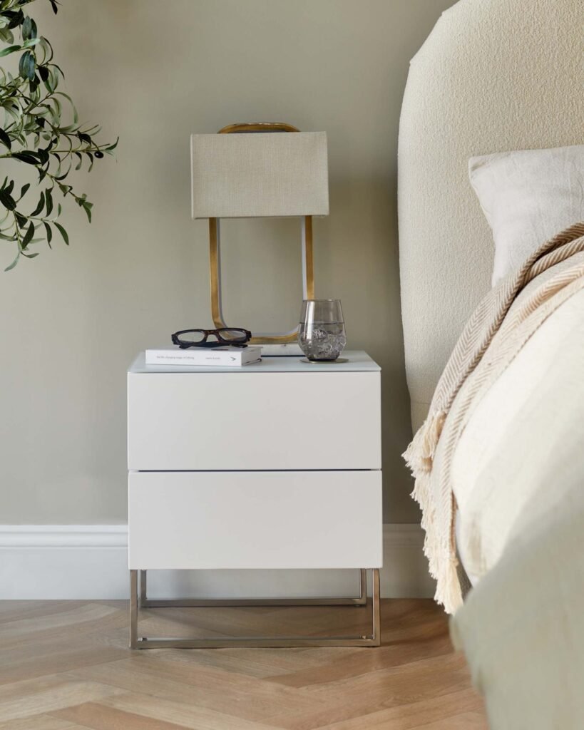 Benton White 2 Drawer Dusk England Bedside Table With Chrome Legs Front