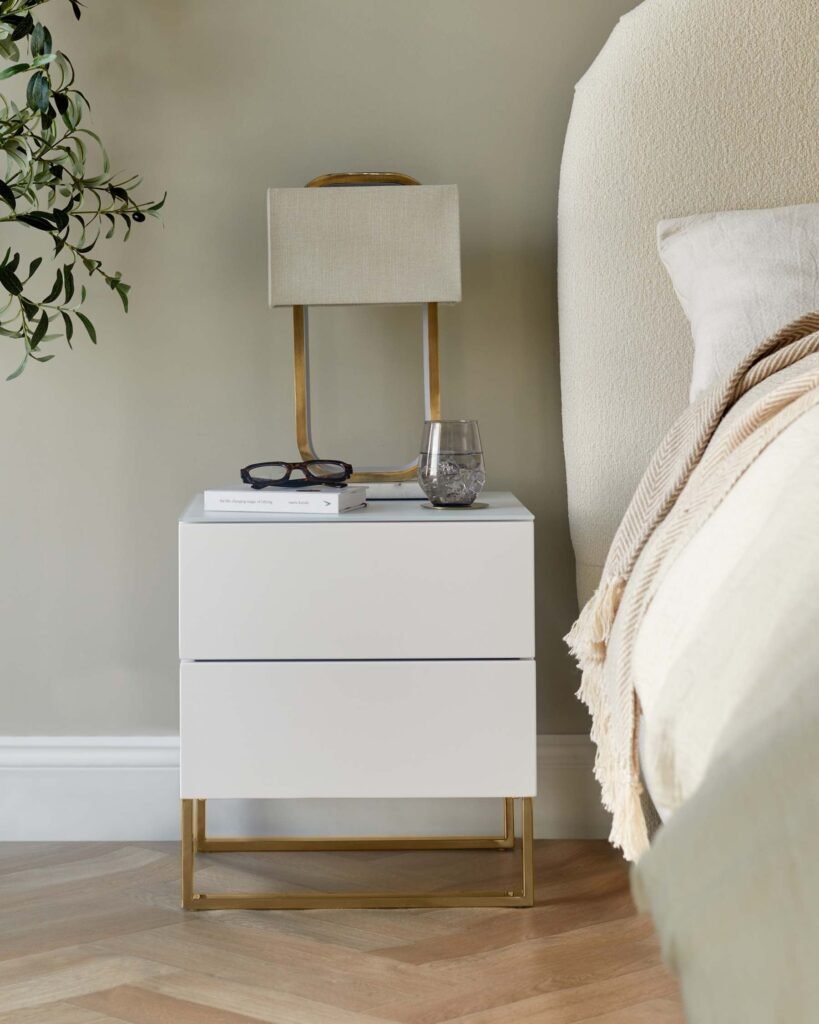Dusk Scotland Benton White 2 Drawer Bedside Table With Brass Legs Front
