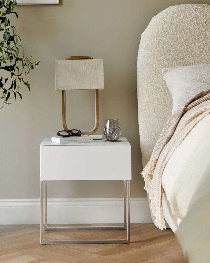 Benton Single Drawer White Dusk England Bedside Table With Chrome Legs Front
