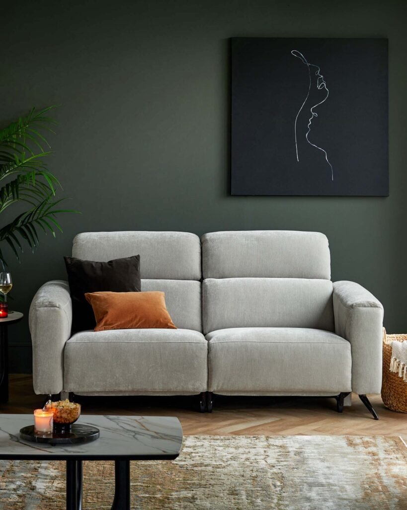 Dusk Kenzie light grey fabric recliner 2 seater sofa Front