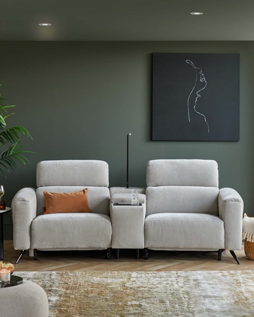 Dusk Scotland Kenzie light grey fabric recliner 2 seater sofa with console Front
