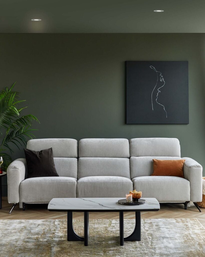 Kenzie light grey fabric Dusk Scotland recliner 3 seater sofa Front