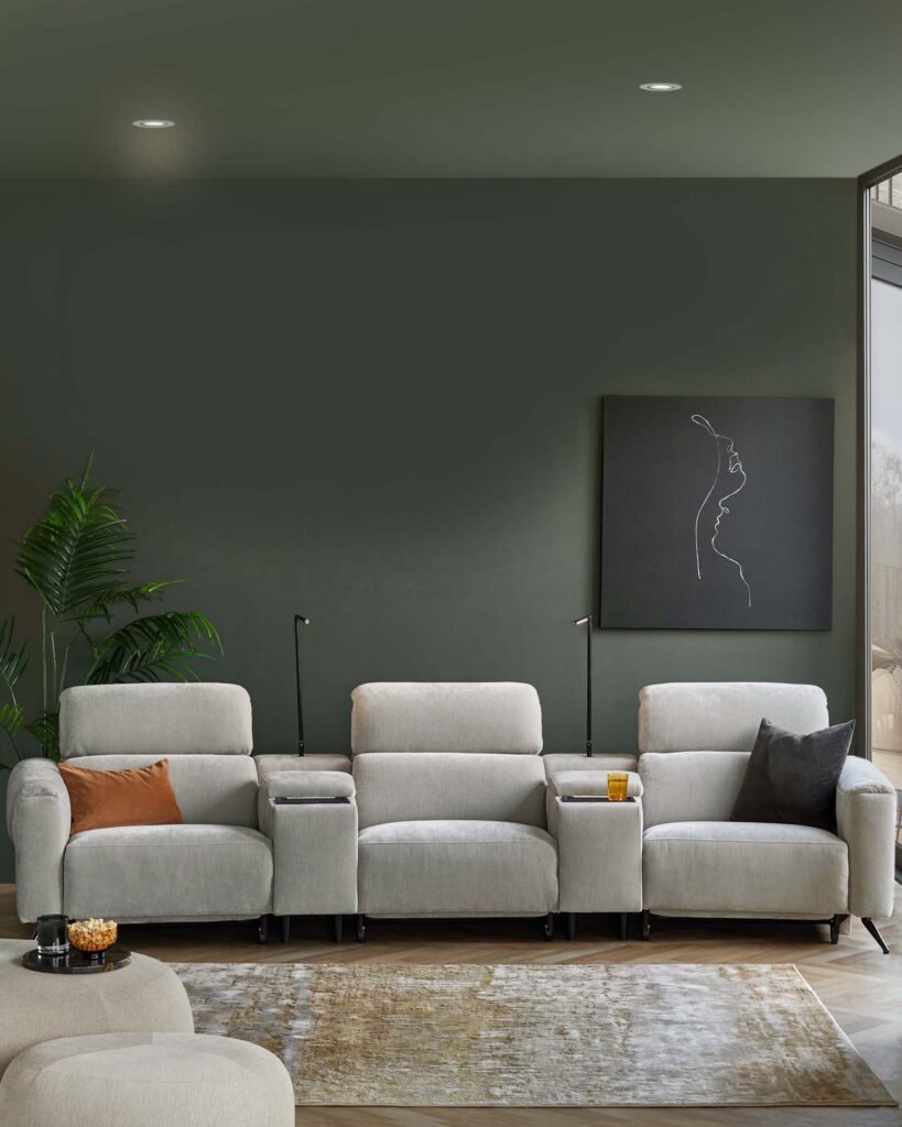 Kenzie light grey fabric recliner Dusk England 3 seater sofa with console Front