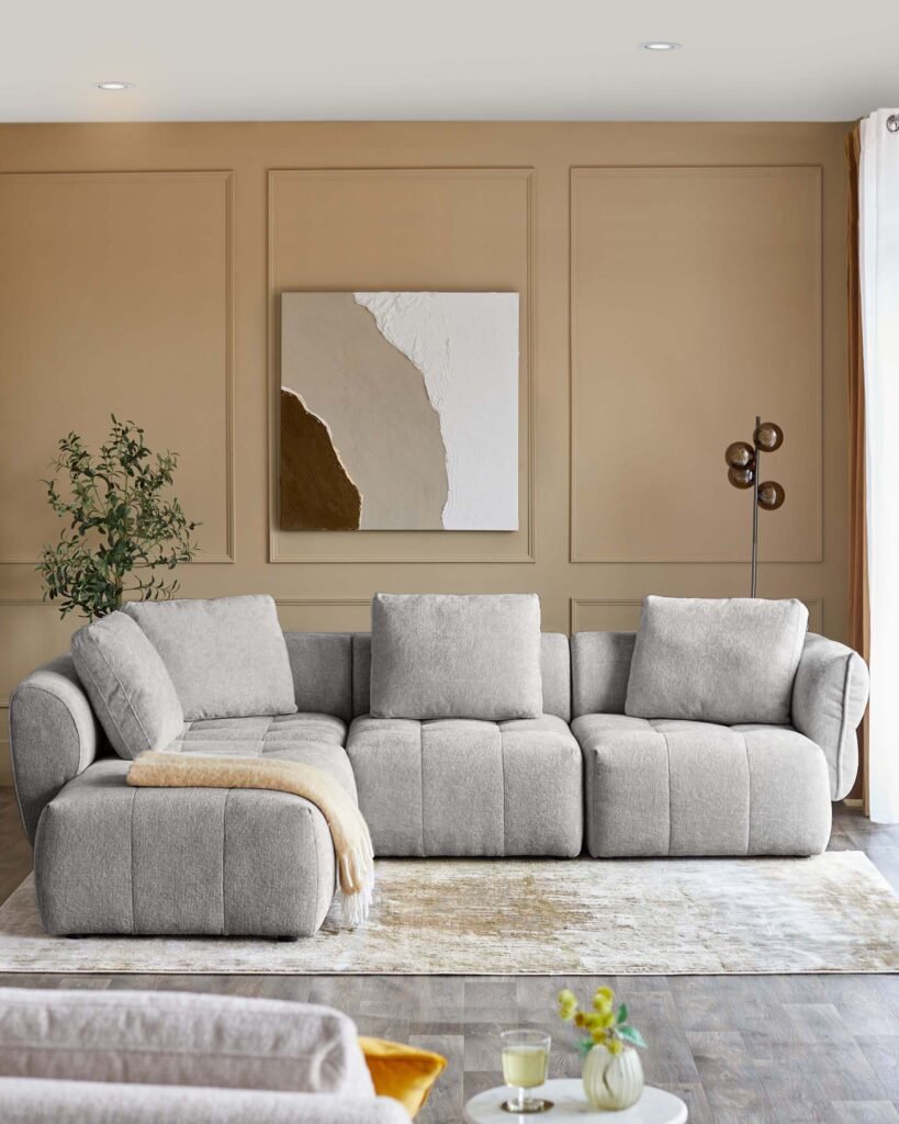 Lillian light grey fabric left Dusk England hand large corner chaise sofa Front