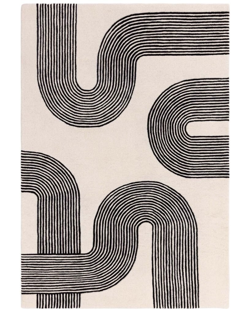 Abstract Lines black and cream wool small rug – Dusk Scotland Front