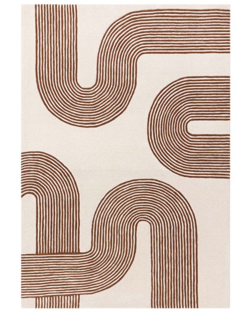 Abstract Lines rust and cream wool medium rug – Dusk Scotland Front