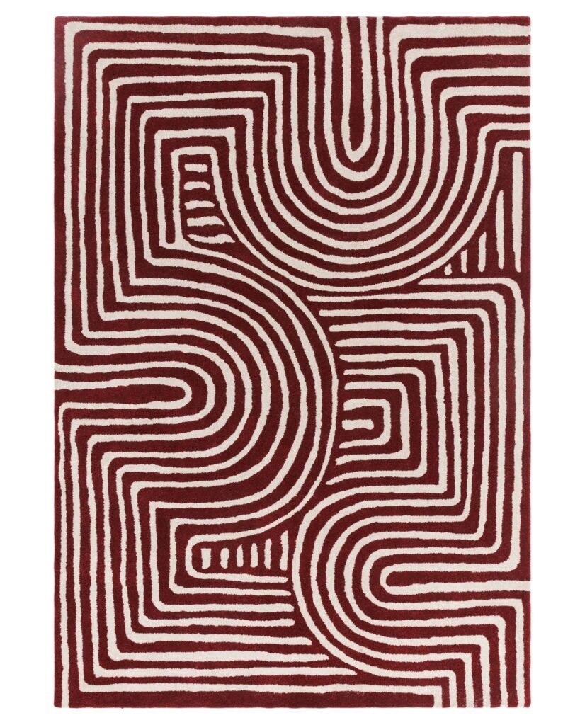 Abstract Swirl deep red wool large rug – Dusk Scotland Front