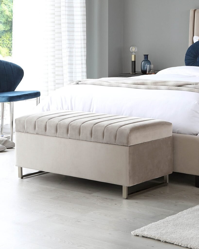 Dusk Amalfi Champagne Velvet And Brushed Steel Ottoman Storage Bench Front