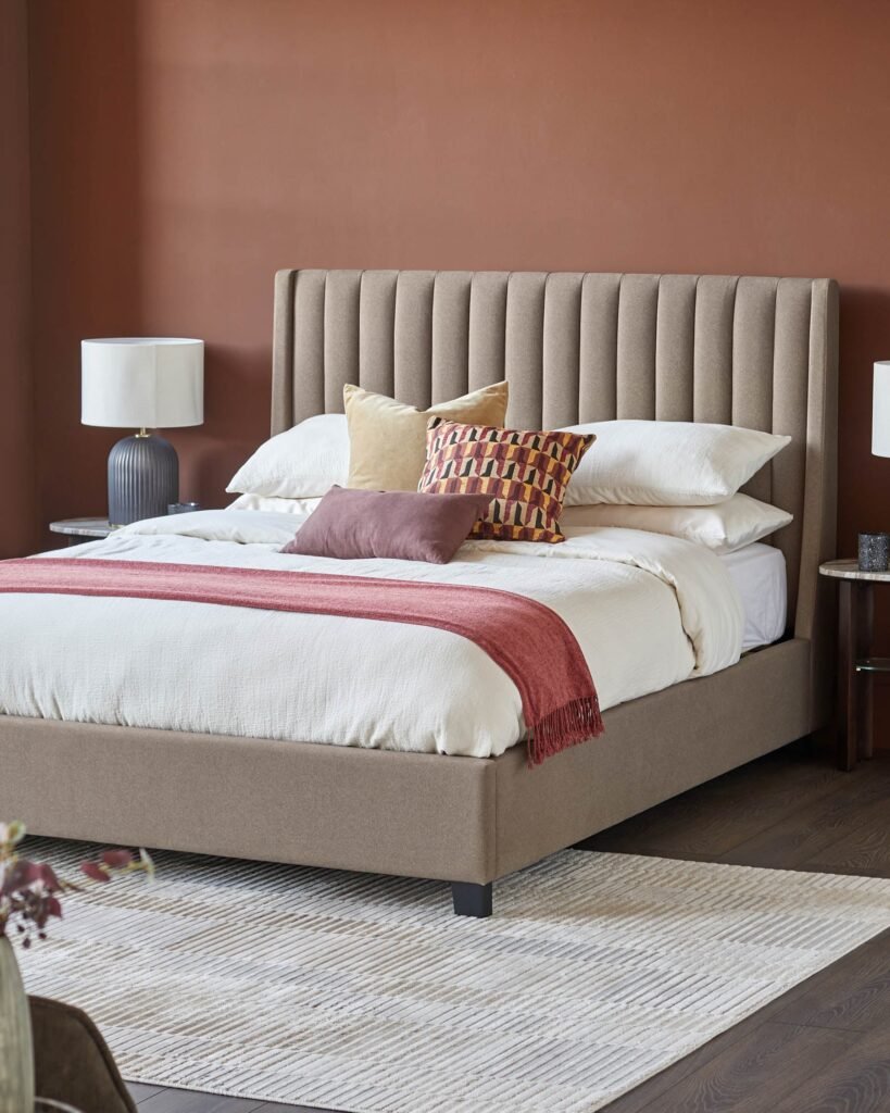 Amalfi mocha plush fabric king size ottoman storage bed – Dusk Front