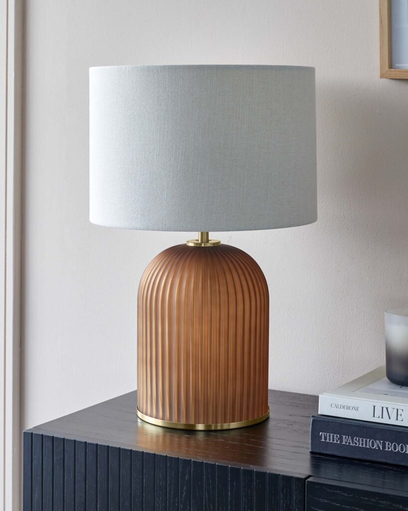 Amalfi Amber Table Lamp with Linen Look Shade – Dusk England Front