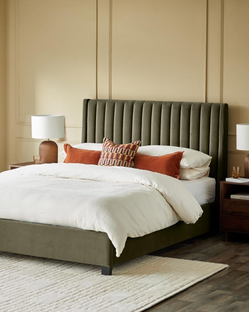 Dusk Scotland Amalfi olive green velvet king size ottoman storage bed Front
