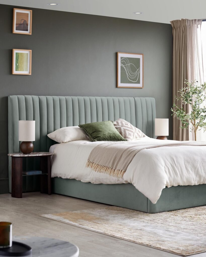 Amalfi Luxe sage green velvet king size ottoman storage bed – Dusk England Front