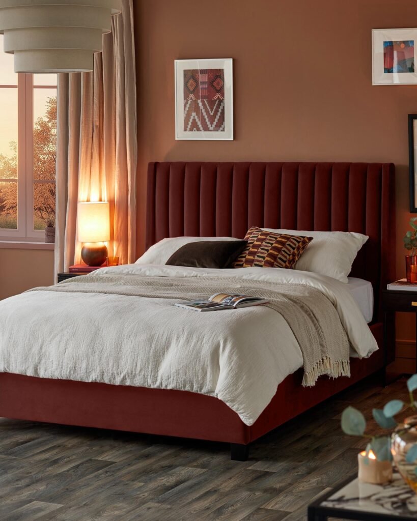 Amalfi toffee red velvet double ottoman storage bed – Dusk Scotland Front