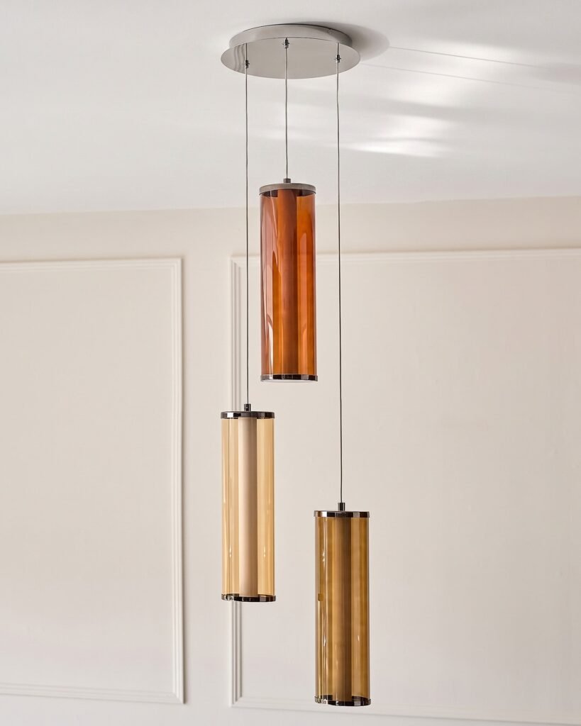 Amber mocha, caramel and champagne glass 3 cluster drop pendant light – Dusk Scotland Front