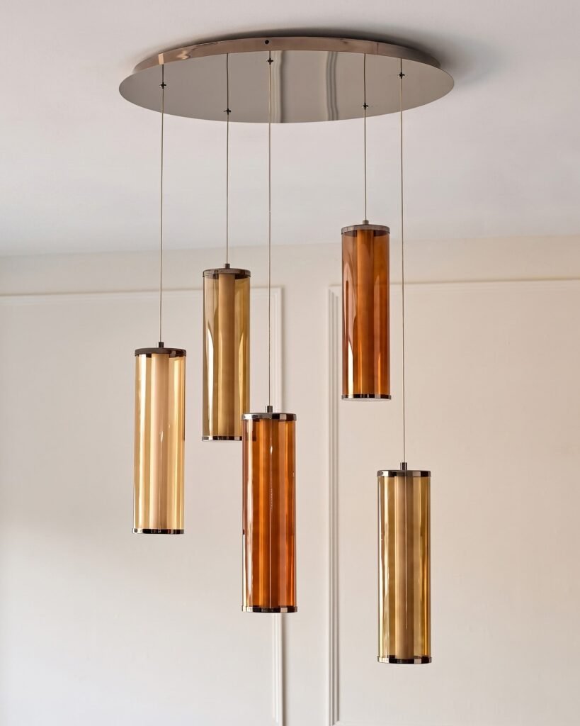 Amber mocha, caramel and champagne glass 5 cluster drop pendant light – Dusk Front