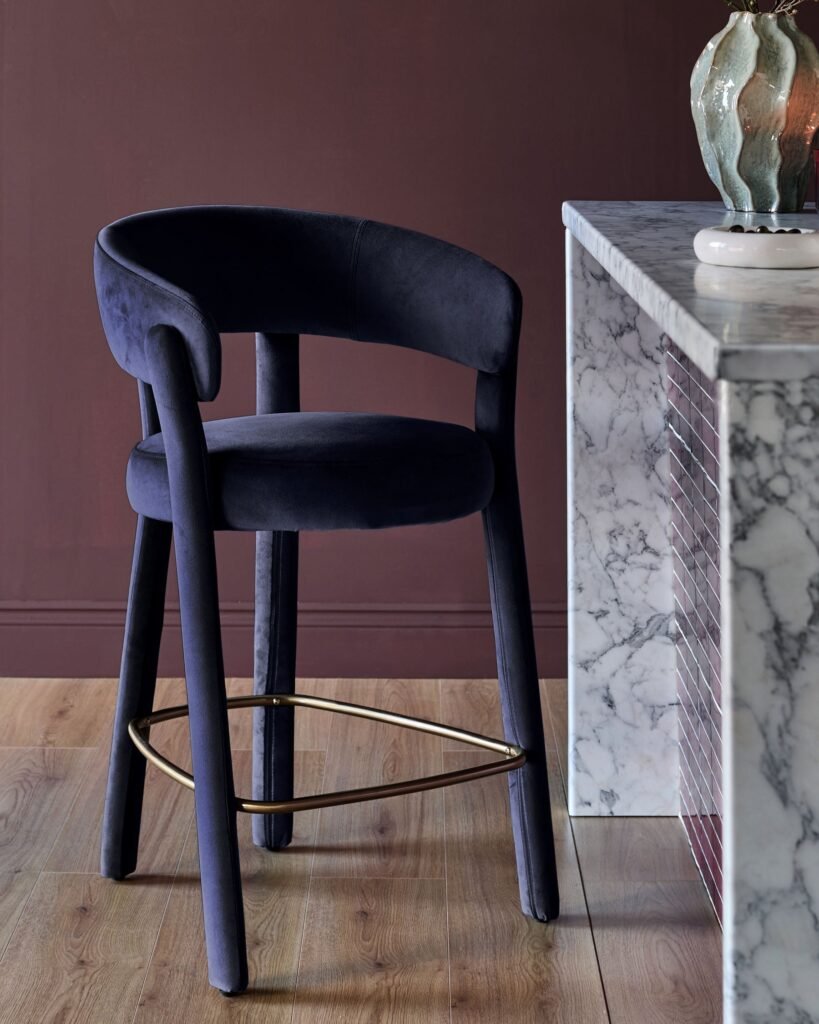 Anya dark navy velvet Dusk brushed bronze bar stool Front