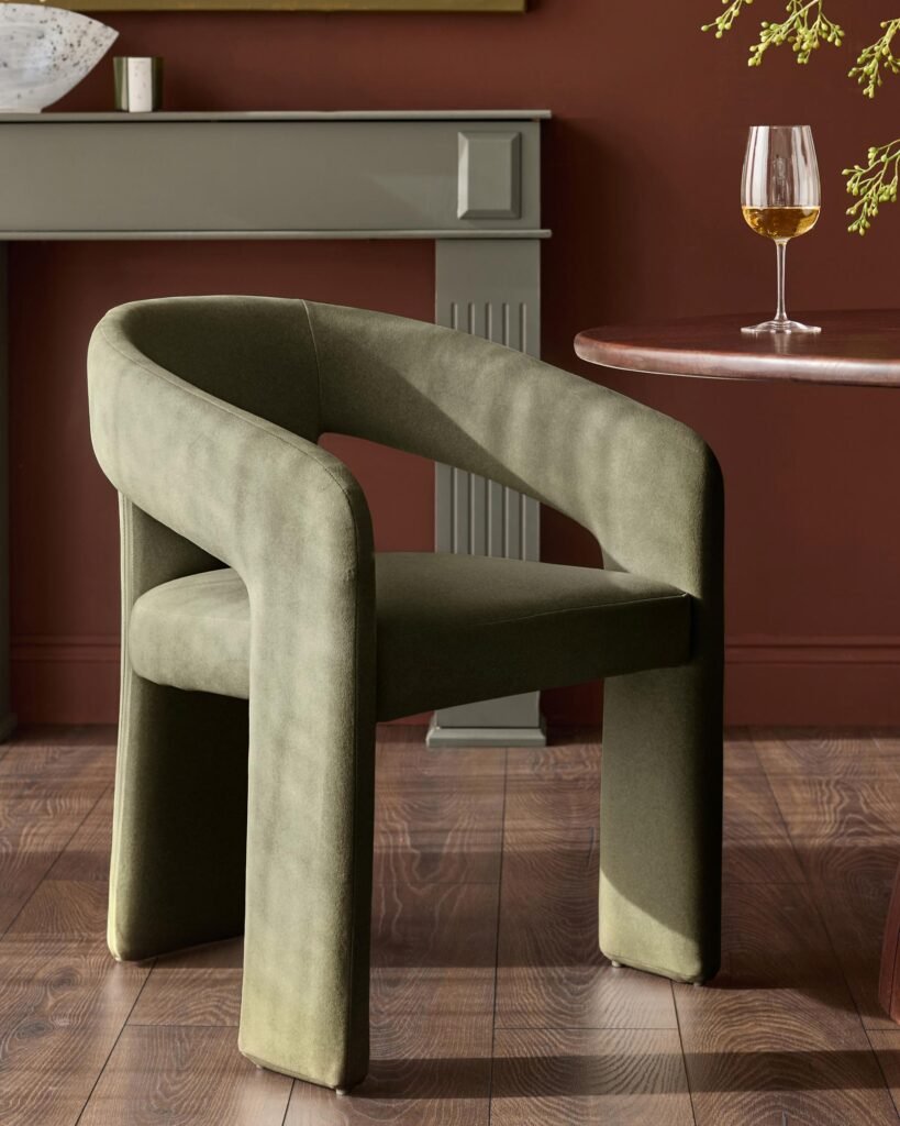 Asher olive green plush fabric dining chair – Dusk Front