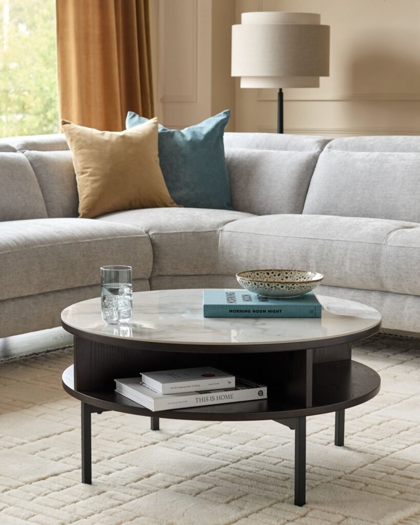 Aurora Marbled Ceramic and Dusk England Dark Oak Round Coffee Table Front