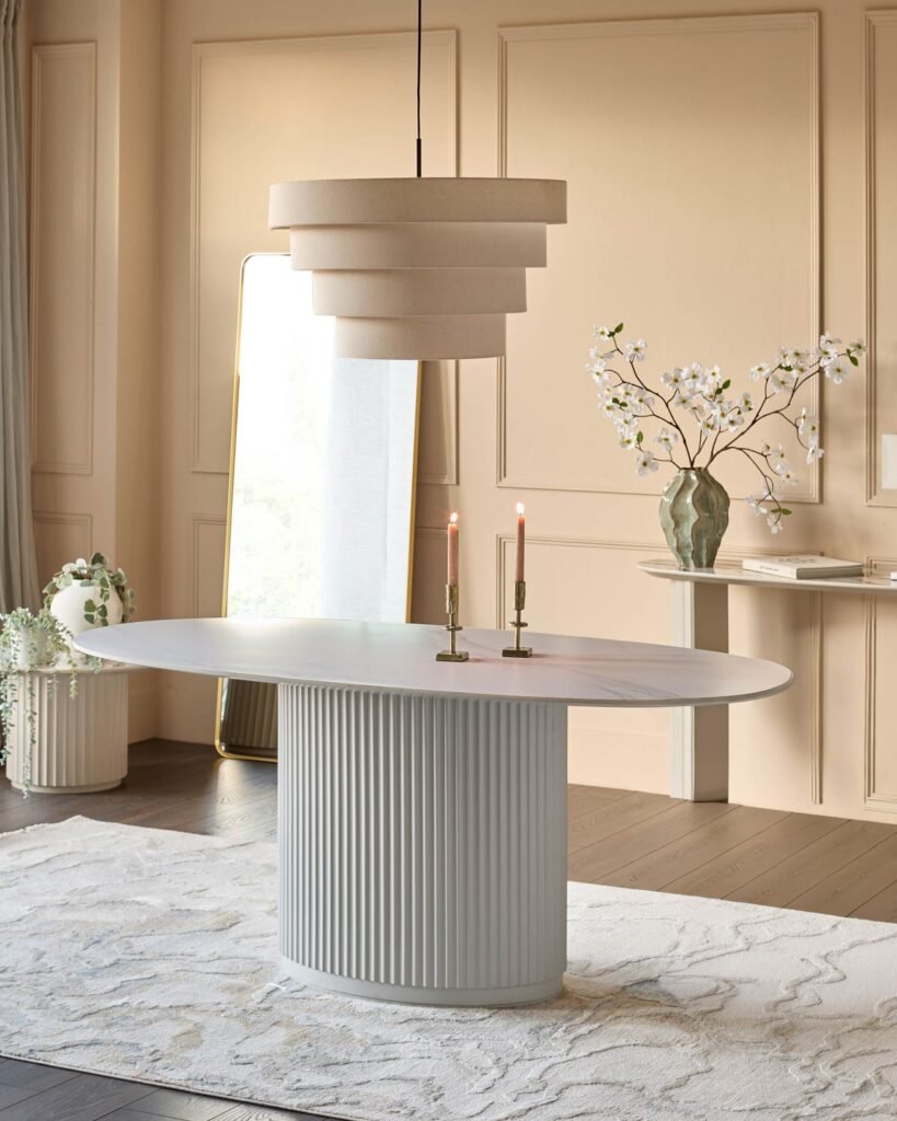 Dusk Austin White Marbled Ceramic Fluted 6 Seater Dining Table Front
