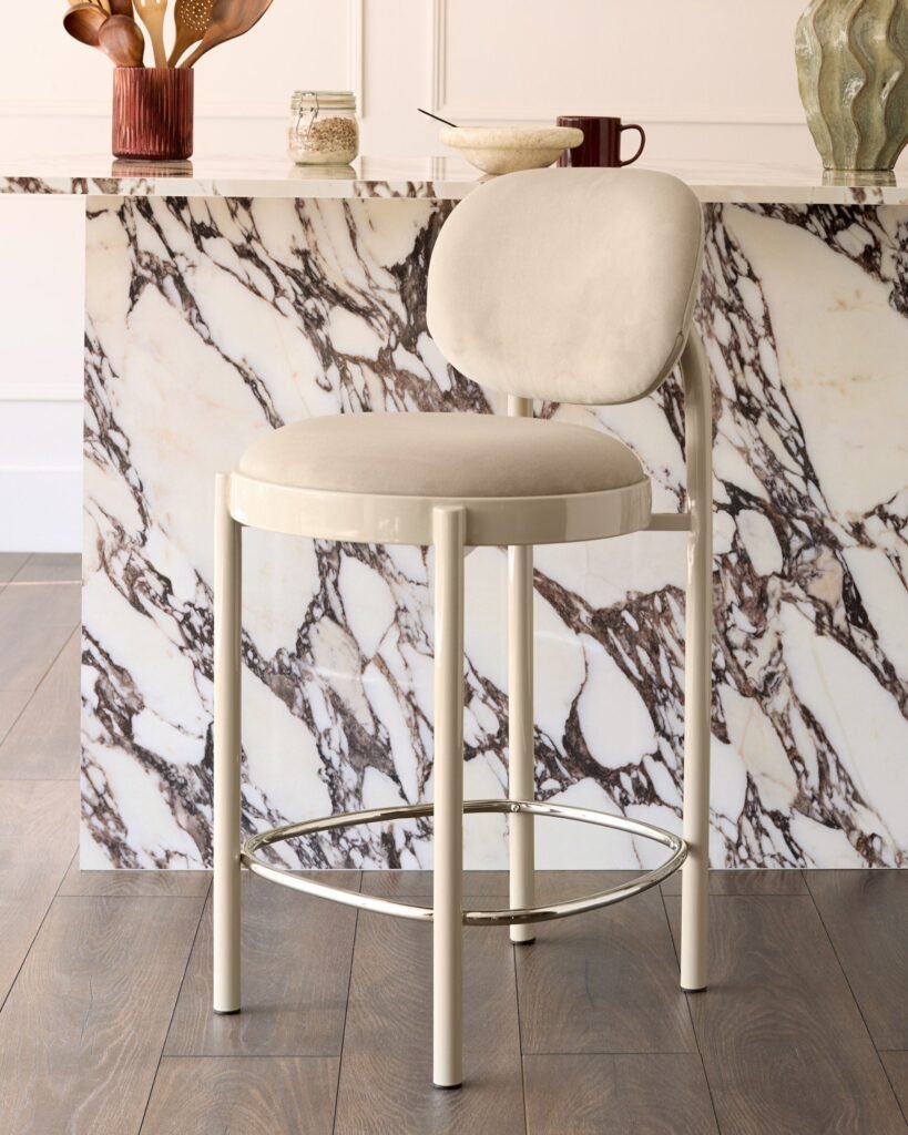 Blake champagne velvet with natural metal bar stool – Dusk Front