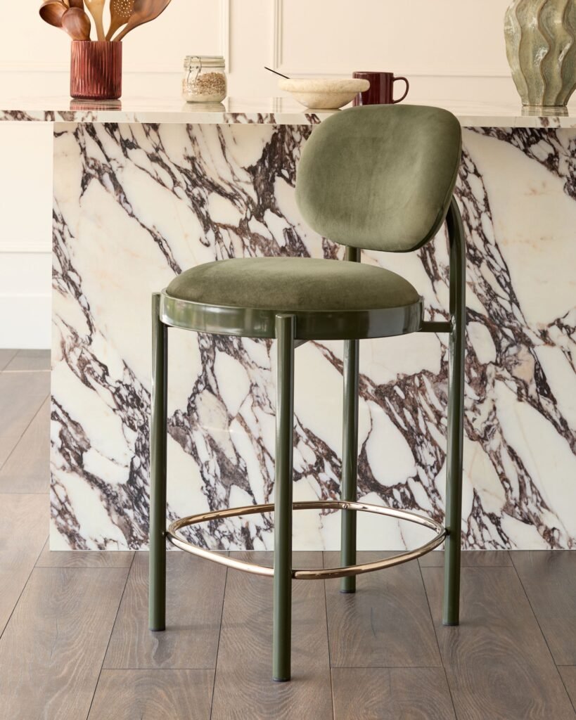 Dusk England Blake olive green velvet with olive green metal bar stool Front