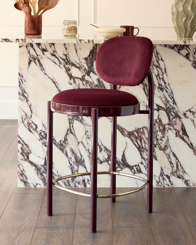 Blake plum velvet with Dusk Scotland plum metal bar stool Front