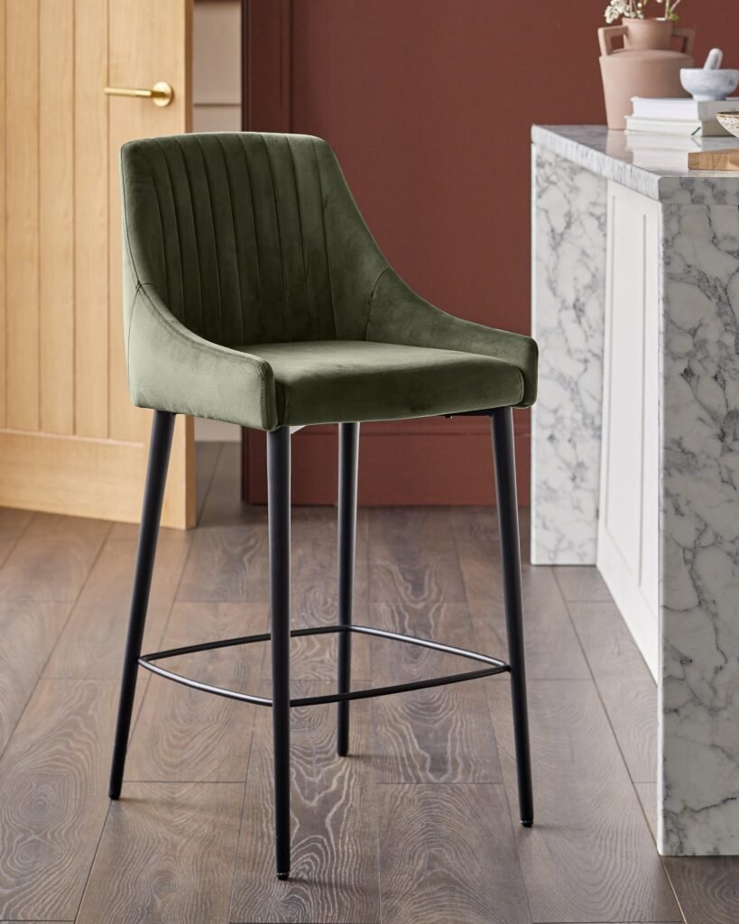 Blakely olive green Dusk velvet bar stool Front
