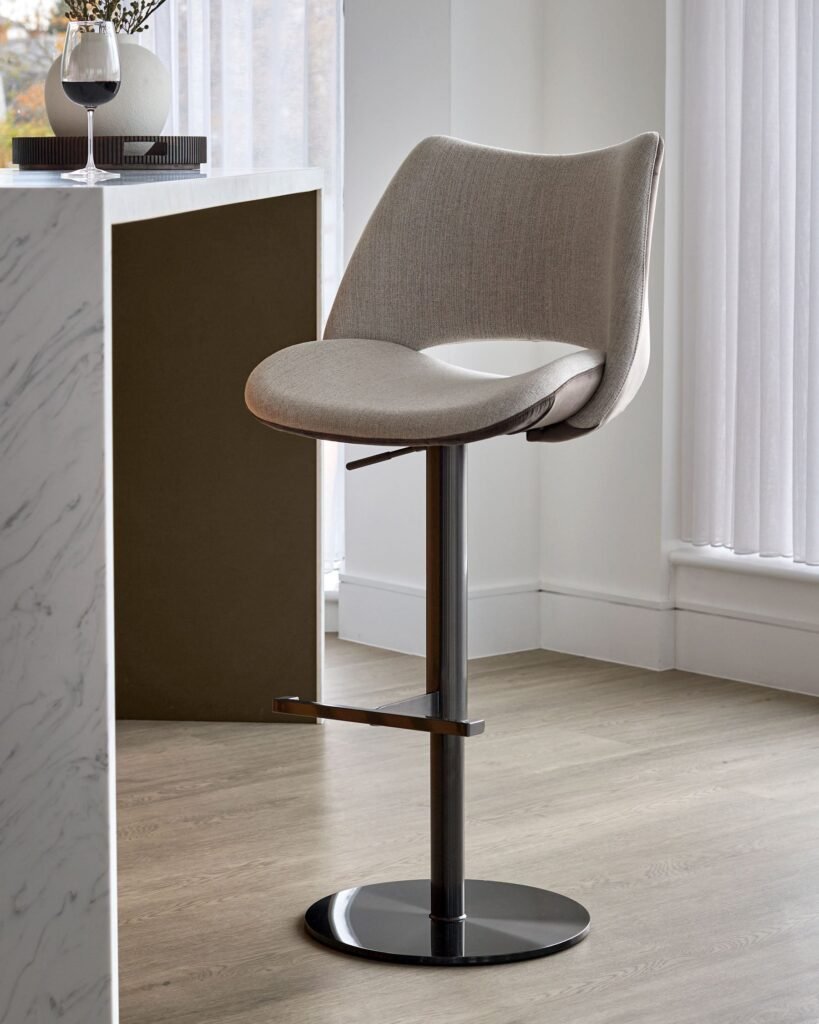 Bronwyn natural fabric and mocha velvet gas lift bar stool – Dusk Scotland Front