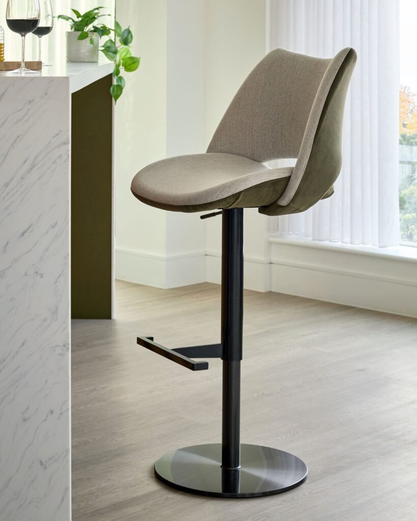 Bronwyn natural fabric and olive Dusk England green velvet gas lift bar stool Front