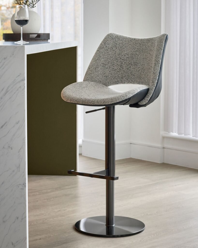 Bronwyn grey fabric and black Dusk Scotland leather gas lift bar stool Front