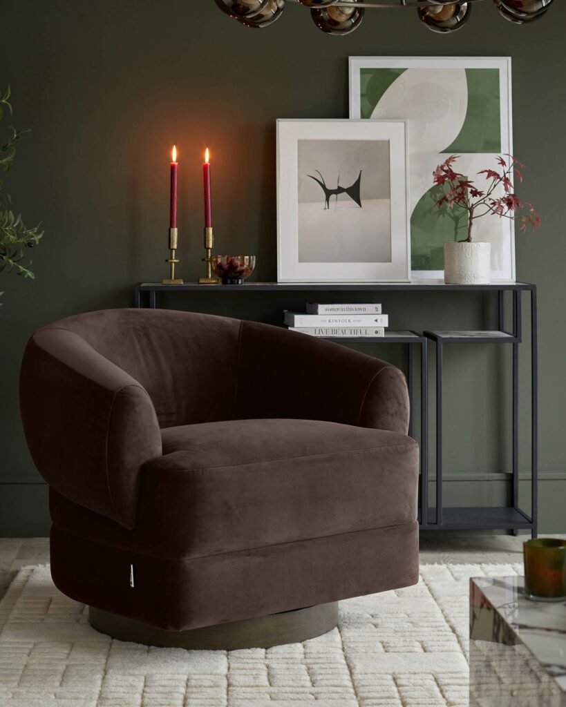 Dusk Scotland Callan dark chocolate velvet swivel accent chair Front