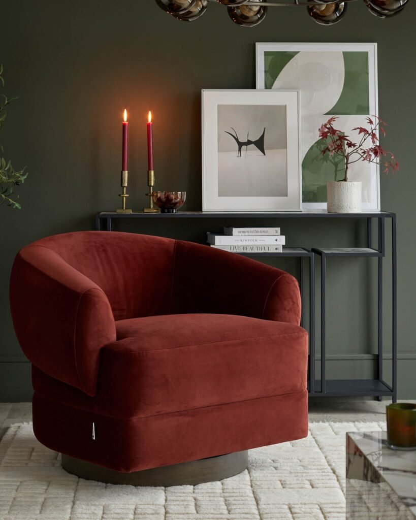 Dusk Callan toffee red velvet swivel accent chair Front