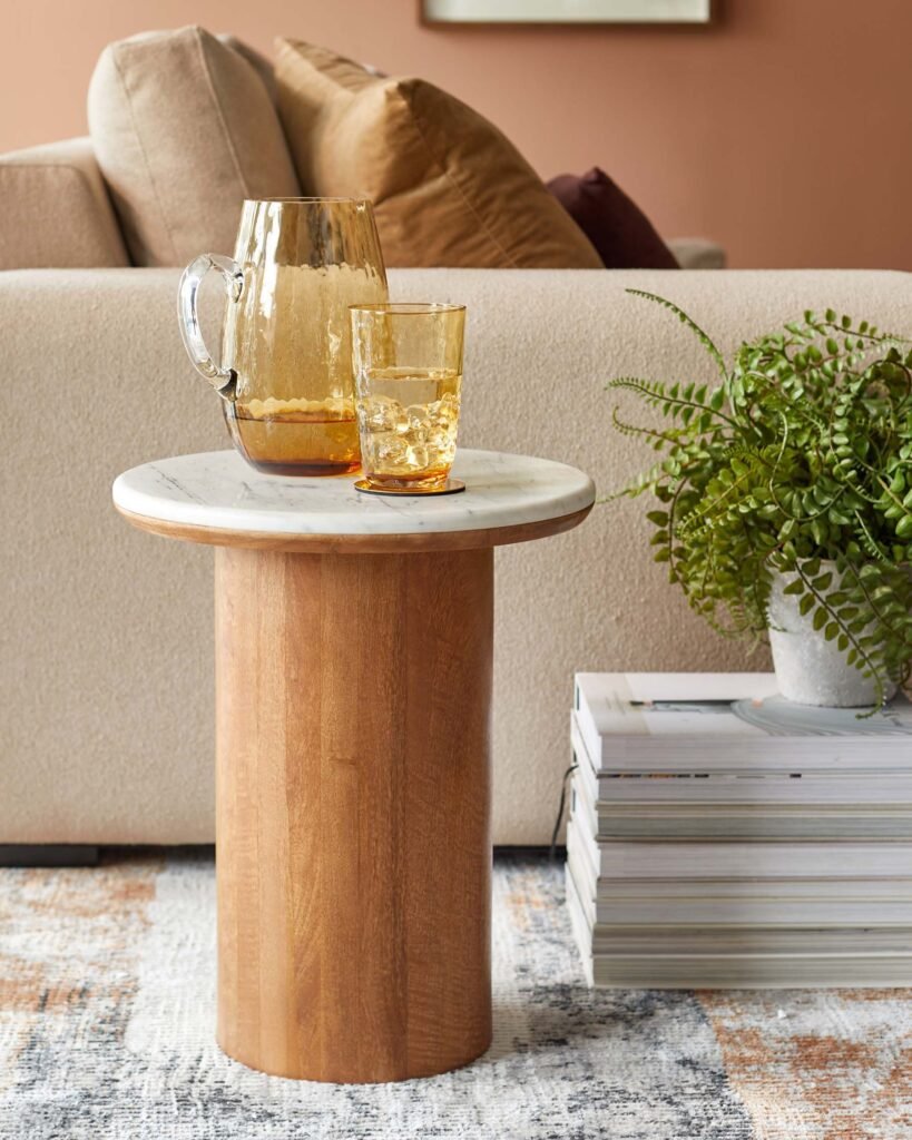 Cara light mango wood Dusk England with marble top side table Front