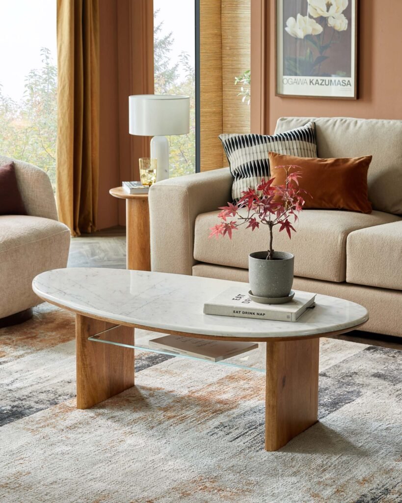 Cara light mango wood marble top coffee table – Dusk Scotland Front