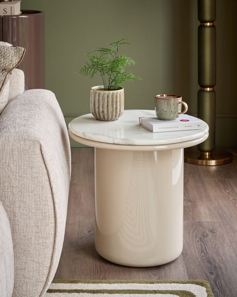 Carlotta natural calacatta with Dusk natural gloss side table Front