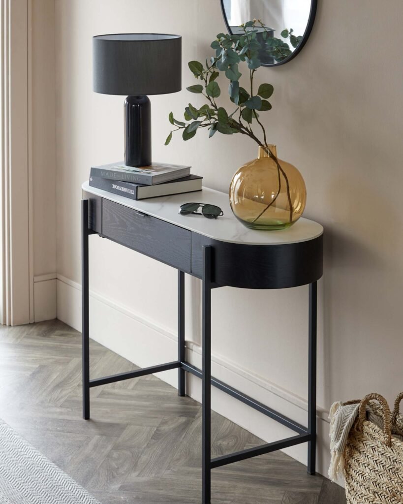 Dusk Scotland Carmen Black Console Dressing Table with White Ceramic Top Front
