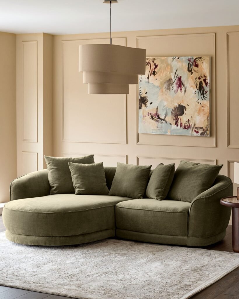 Caspian olive green fabric Dusk Scotland left hand corner chaise sofa Front