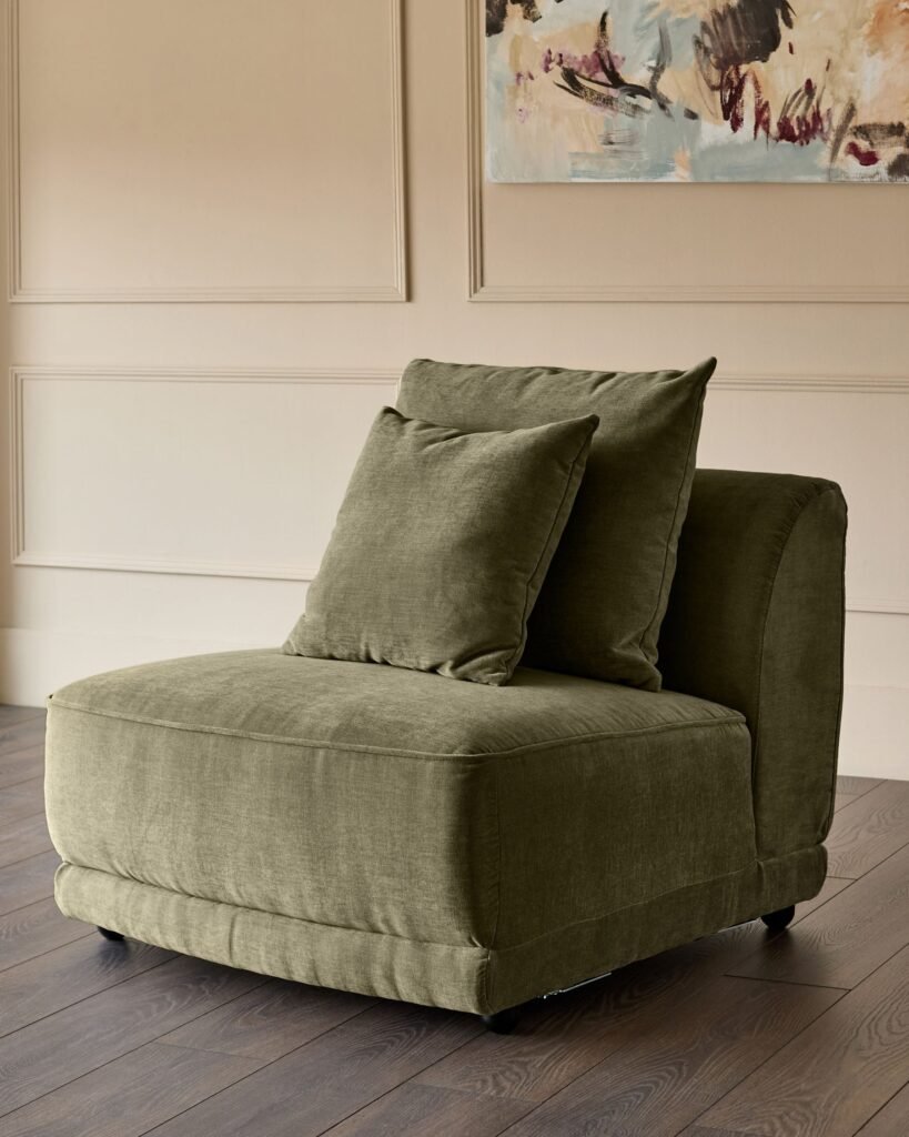 Caspian olive green fabric single sofa module – Dusk England Front