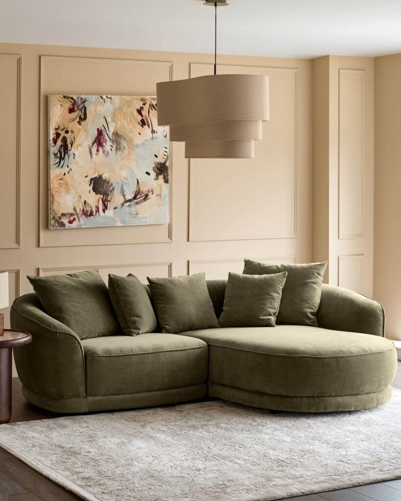 Dusk Scotland Caspian olive green fabric right hand corner chaise sofa Front