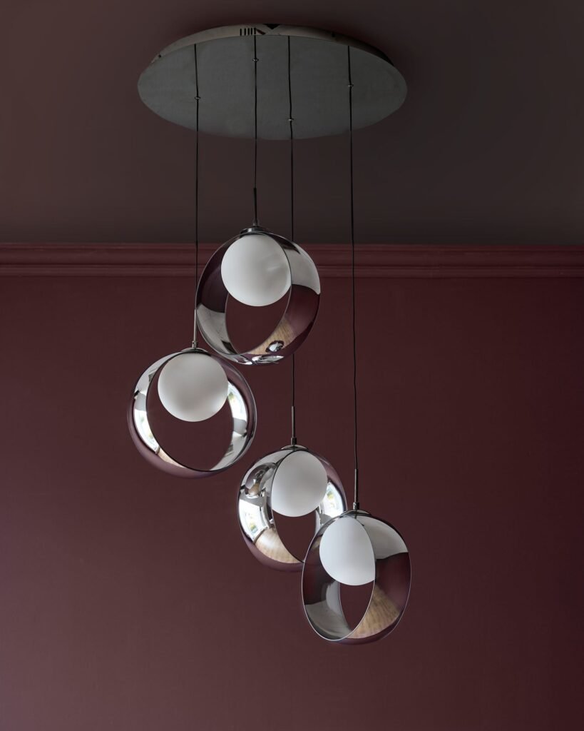 Chloe silver chrome glass LED Dusk England 4 drop adjustable pendant light Front