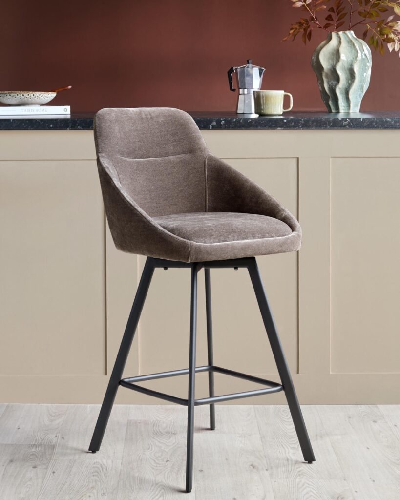 Cleo mocha fabric swivel bar stool – Dusk England Front