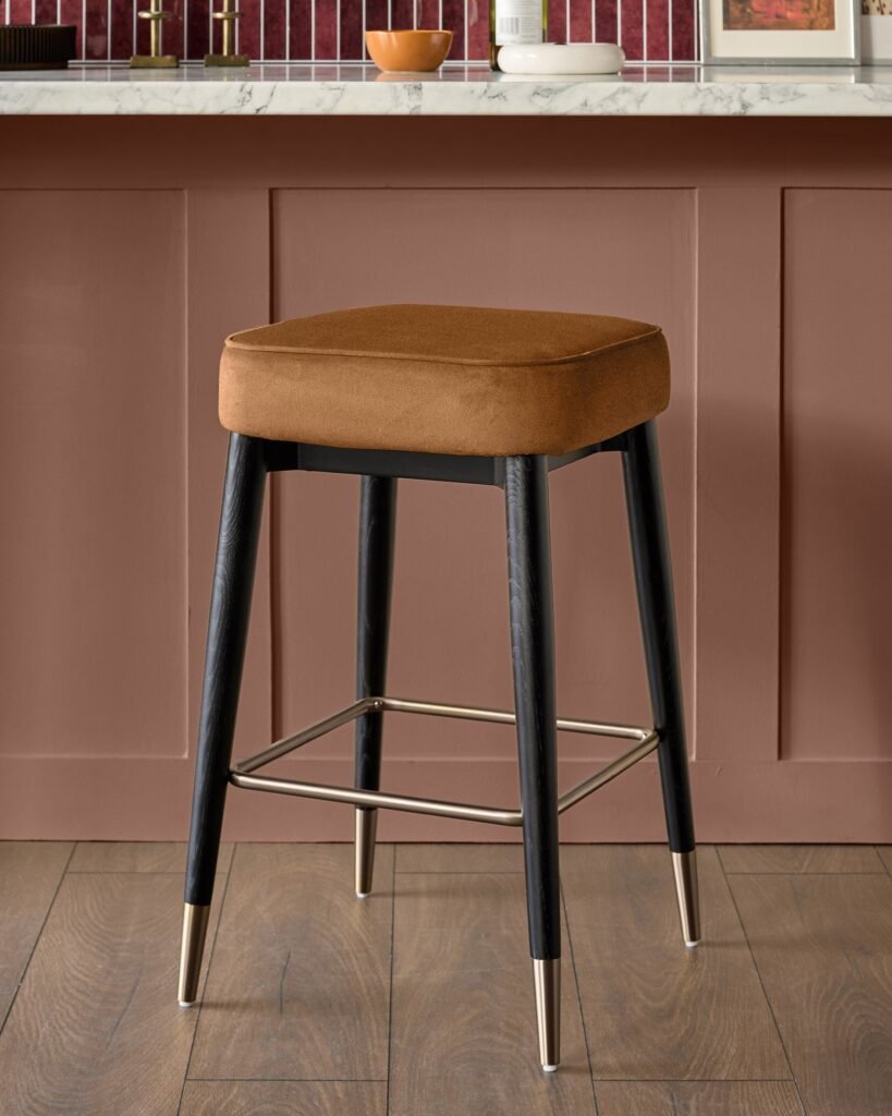 Clover caramel fabric backless brushed bronze bar stool – Dusk England Front