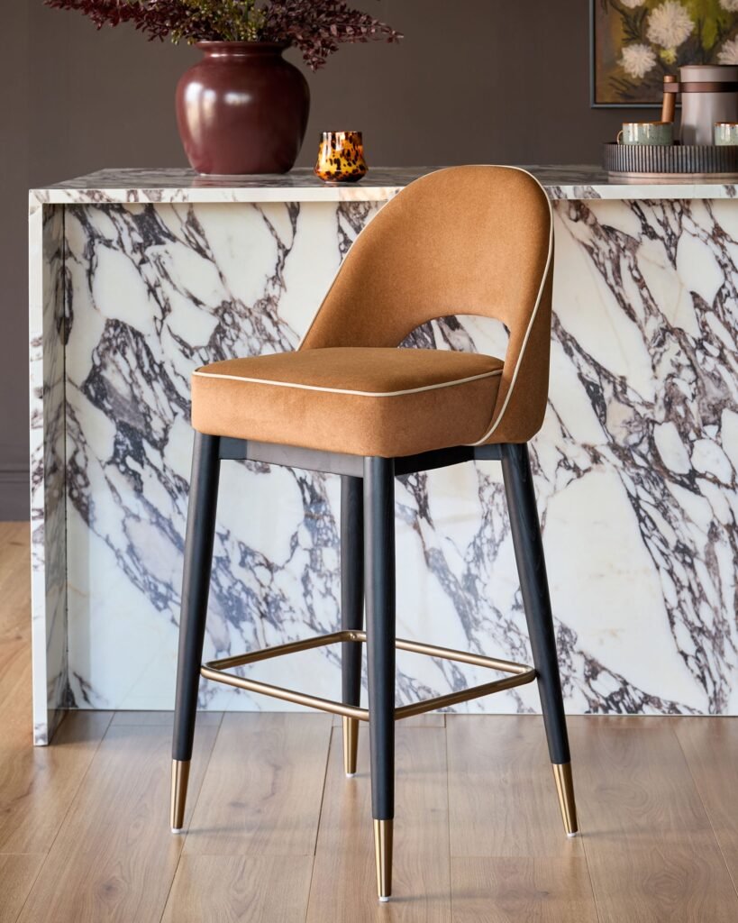 Clover caramel fabric with piping bar stool – Dusk Scotland Front