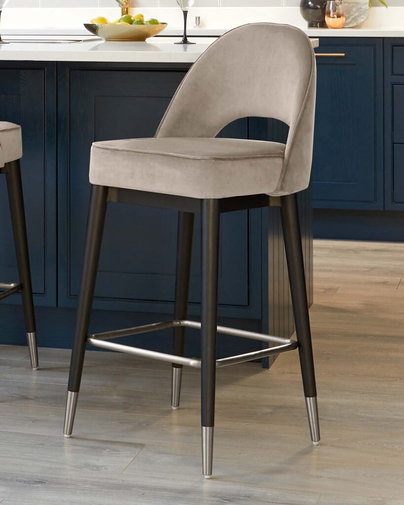 Clover Champagne Velvet Bar Dusk England Stool With Stainless Steel Caps Front