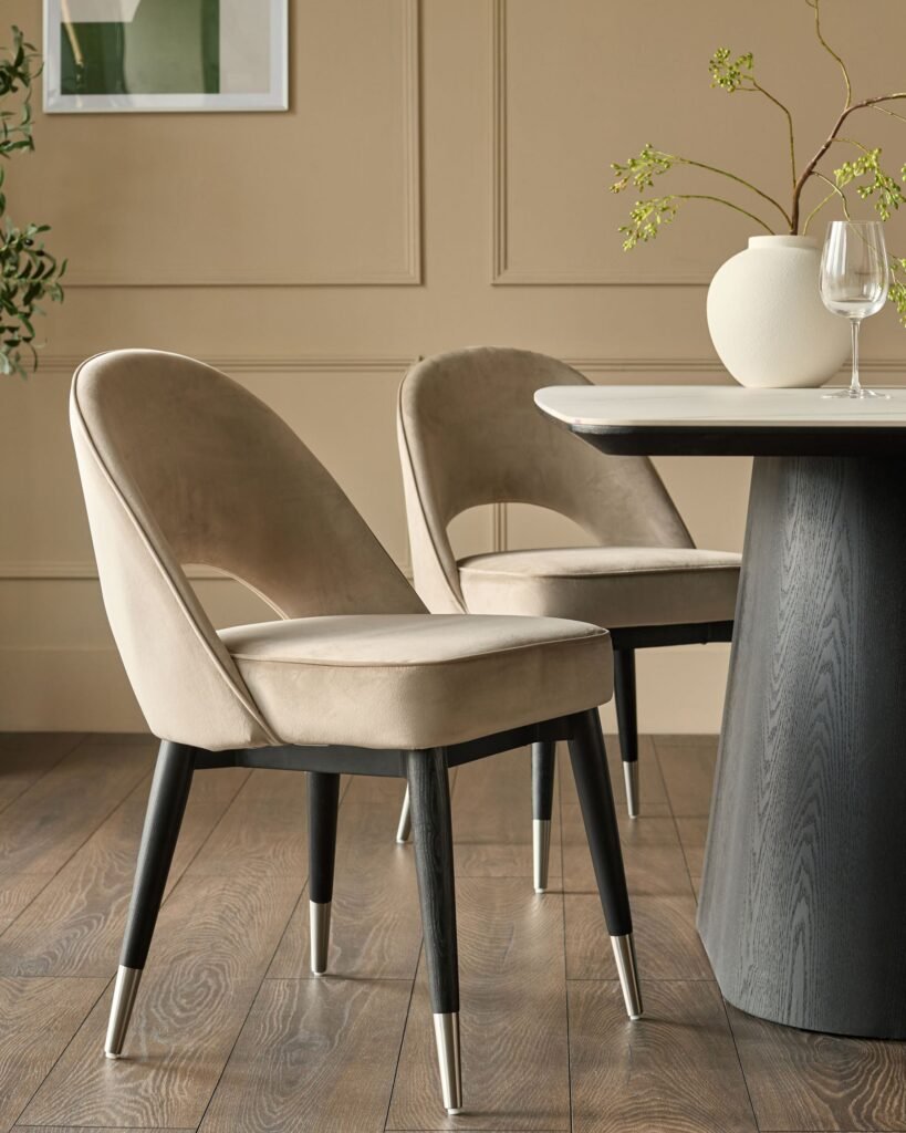 Clover champagne velvet dining chair with stainless steel caps - set of 2 – Dusk Scotland Front