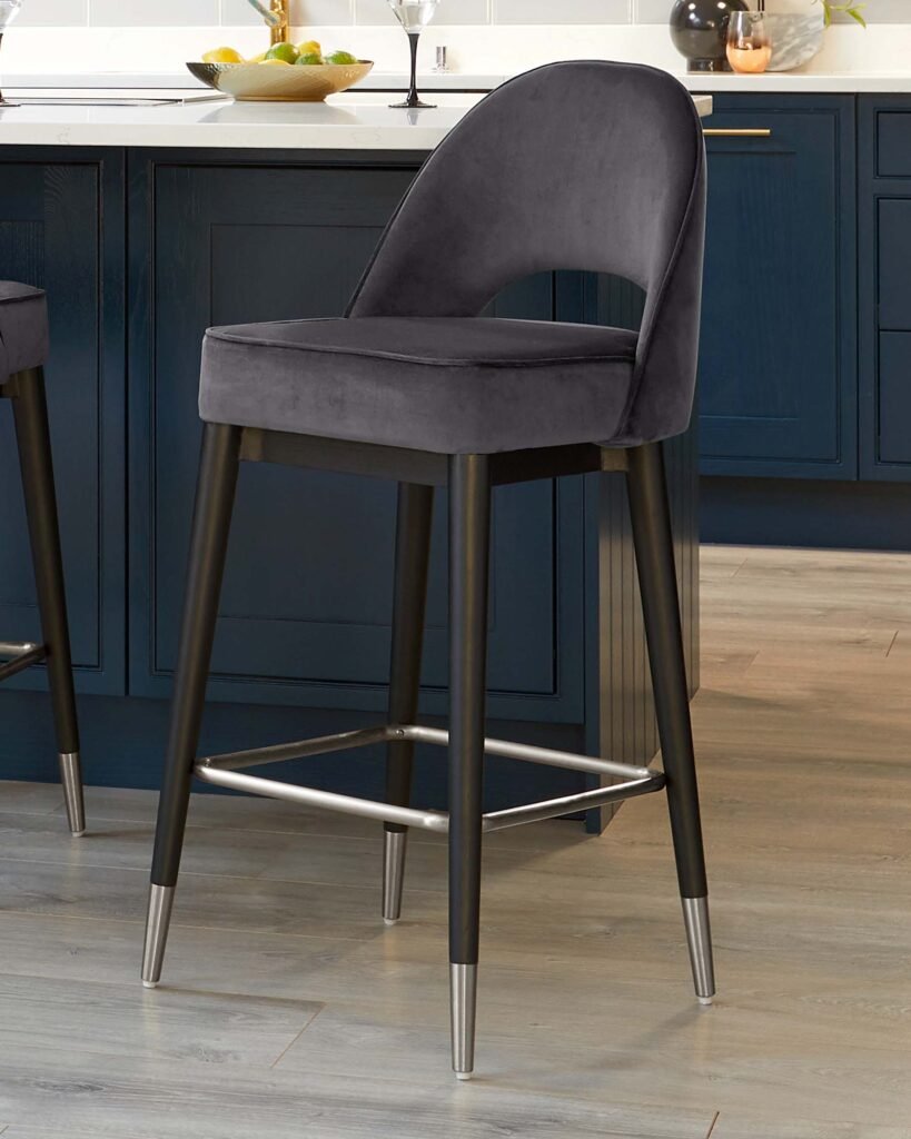 Clover Dark Grey Velvet Bar Dusk England Stool With Stainless Steel Caps Front