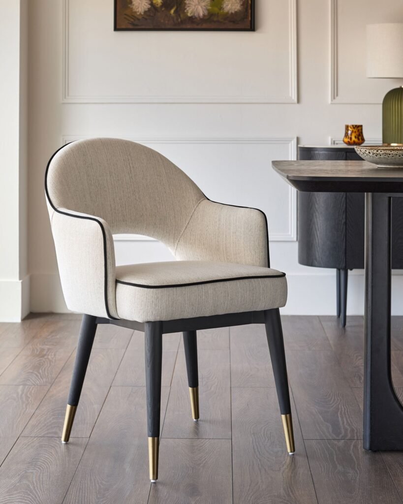 Clover ivory fabric dining armchair – Dusk Front