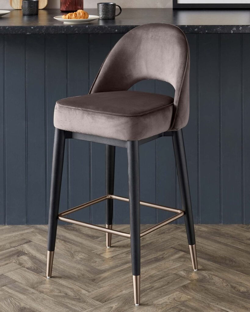 Clover Mocha Velvet Bar Dusk Scotland Stool With Brushed Bronze Legs Front