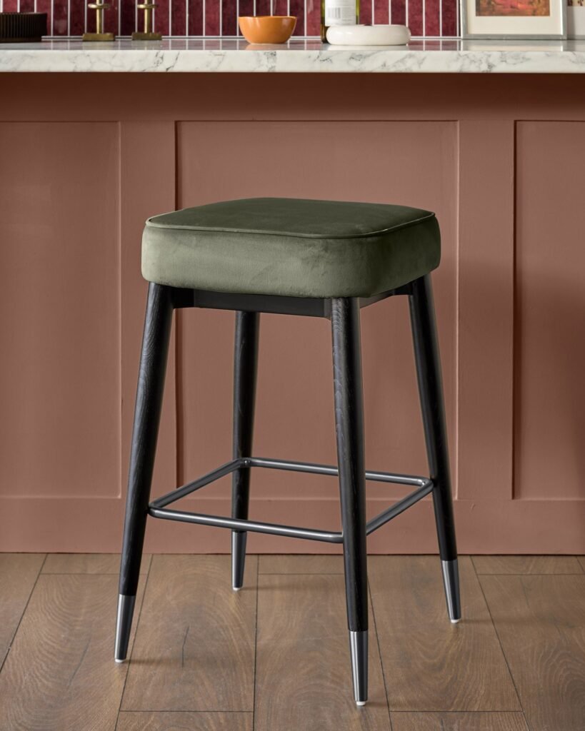 Clover olive green velvet Dusk Scotland backless stainless steel bar stool Front