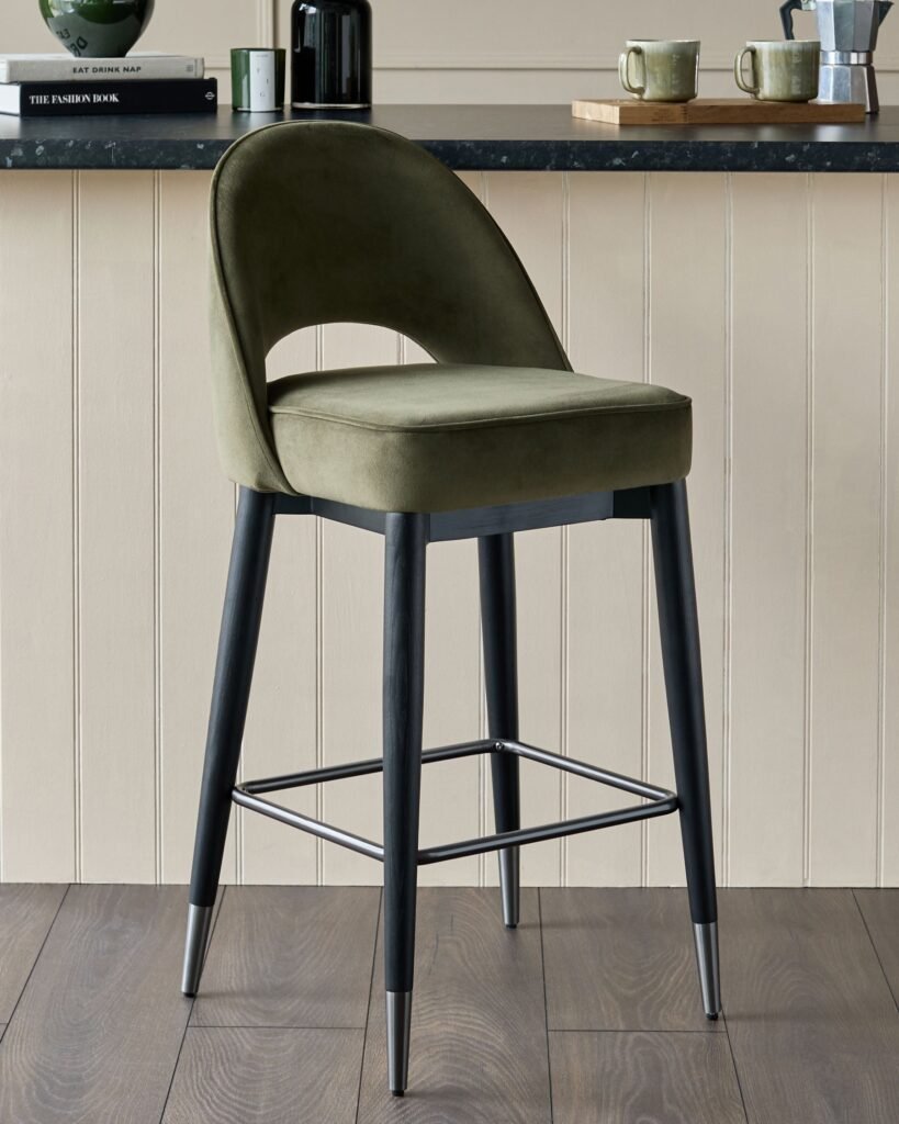 Dusk Scotland Clover olive green velvet bar stool Front